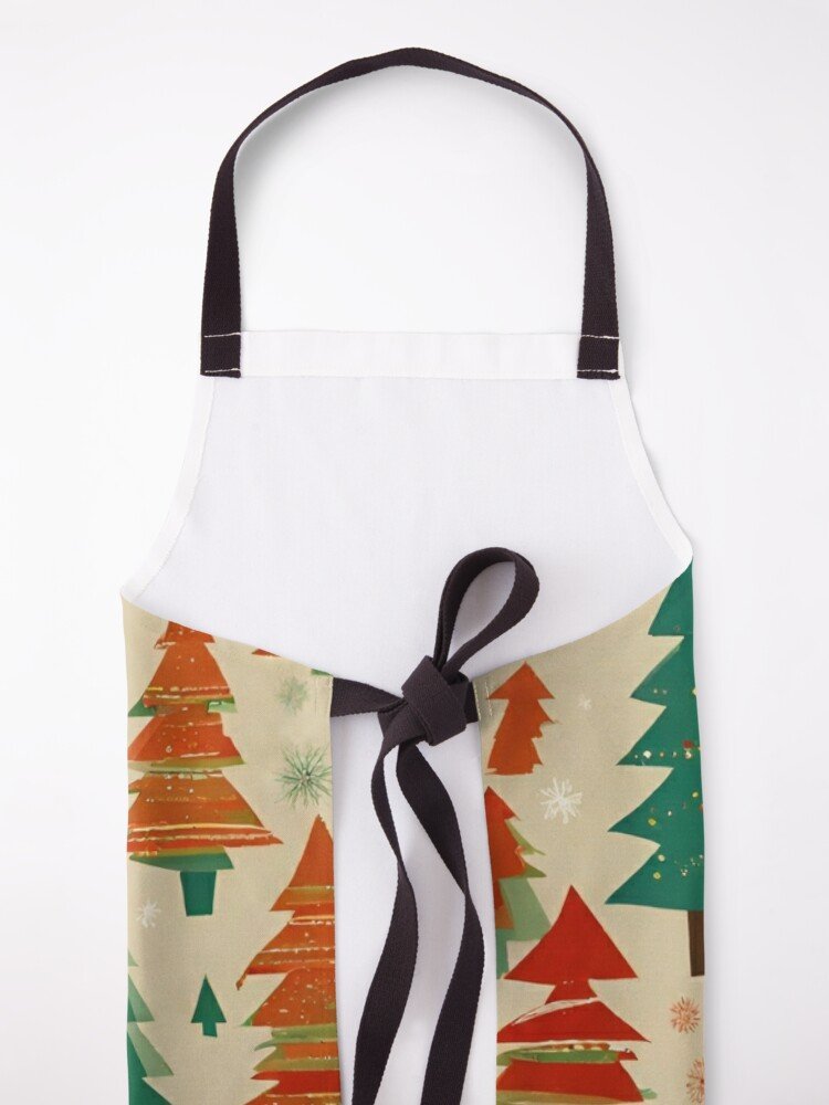 Apron with Multicolor pine trees scattered on a tan background (back view)