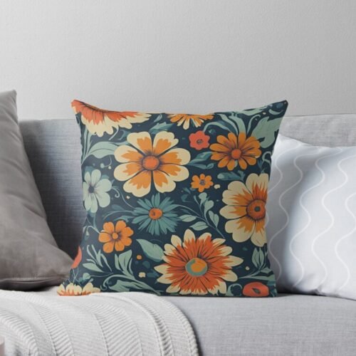 Bright Retro Flowers (Orange & Blue Flowers) Throw Pillow