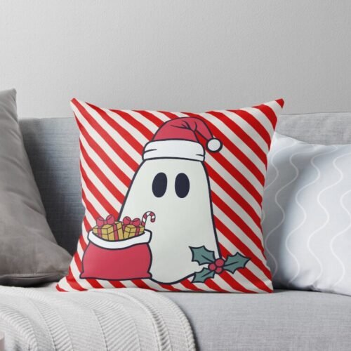 Holiday Ghost with Candy Stripes Throw Pillow