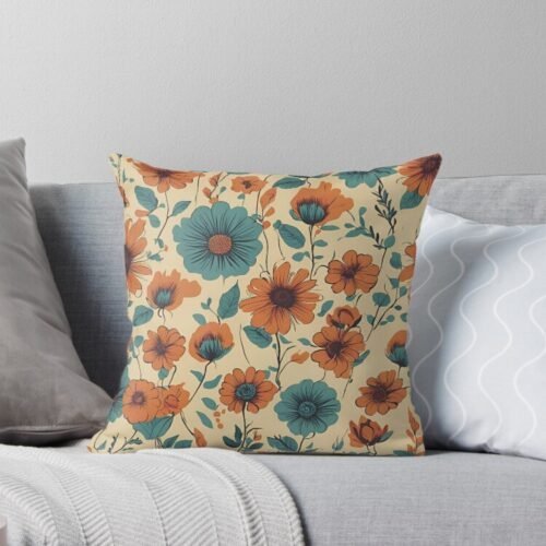 Retro Flowers (Turquoise & Orange) Throw Pillow