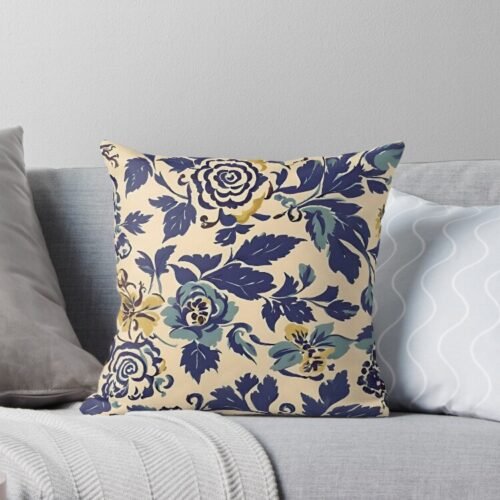 Blue Retro Flowers Throw Pillow