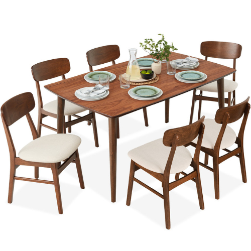 7-Piece Mid-Century Modern Dining Set Wood Upholstered with 6 Chairs from Best Choice Products